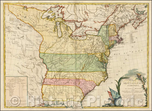 Historic Map - Carte des Etats-Unis d'Amerique et du Cours du Mississipi; Redigee d'apres Differentes Cartes et Relations Anglaises, 1784, Louis Brion de la Tour - Vintage Wall Art