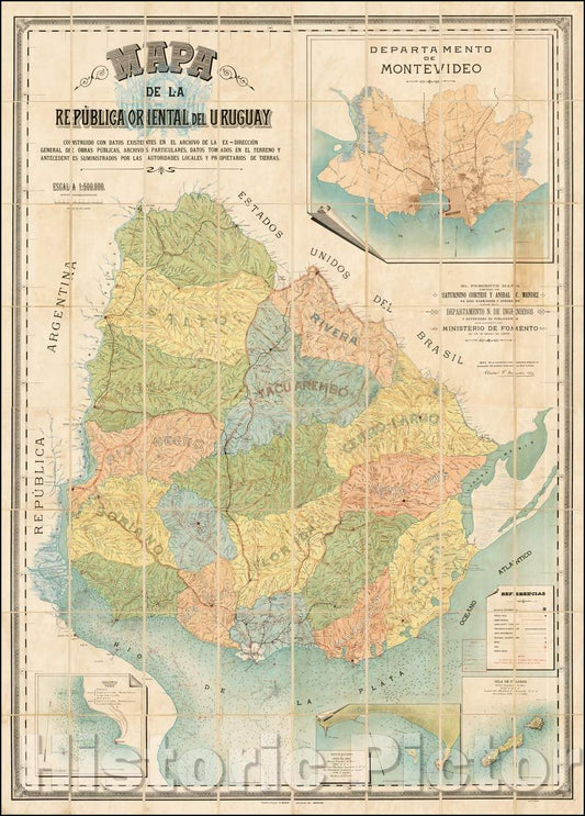 Historic Map - Mapa de la Republica Oriental del Uruguay construida con datos Existentes, 1903 - Vintage Wall Art