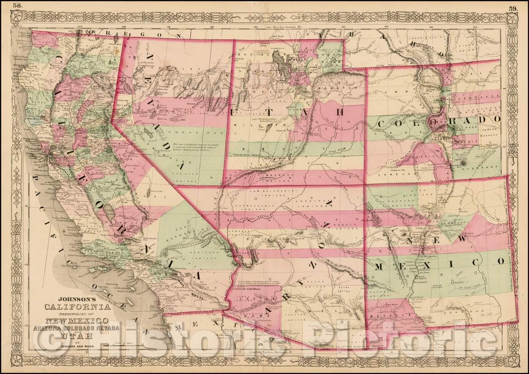 Historic Map - Johnson's California, Territories of New Mexico, Arizona, Colorado, Nevada and Utah, 1863, Benjamin Ward v1