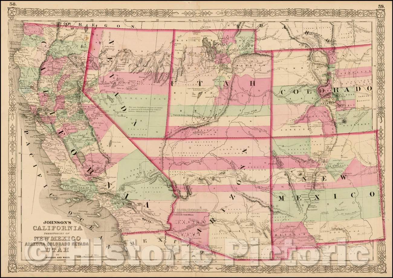 Historic Map - Johnson's California, Territories of New Mexico, Arizona, Colorado, Nevada and Utah, 1863, Benjamin Ward v1