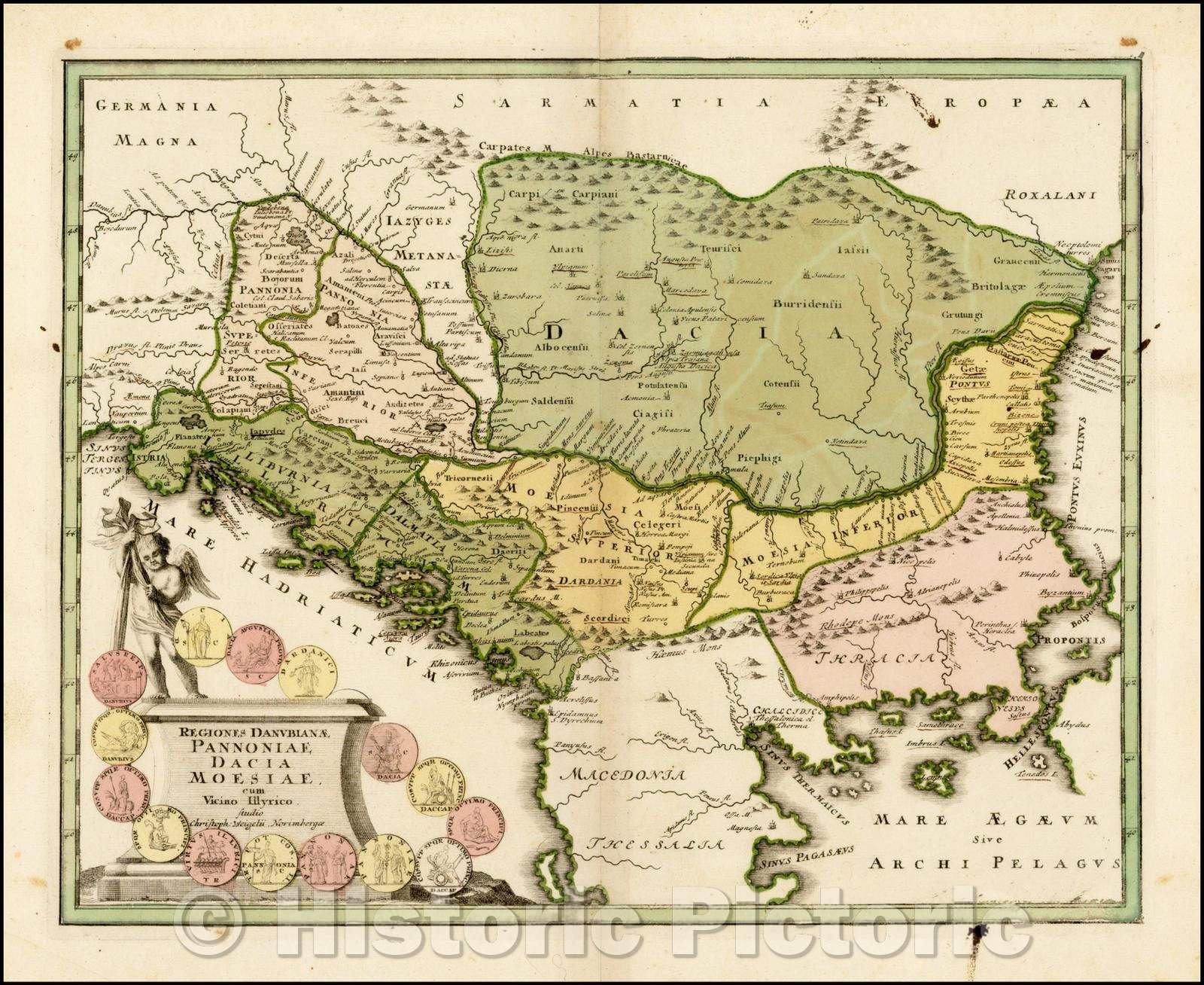Historic Map - Regiones Danubianae Pannoniae Daciae Moesiae cum Vicino Illyrico/Map the Region from the Adriatic Sea to the Black Sea, 1718 - Vintage Wall Art