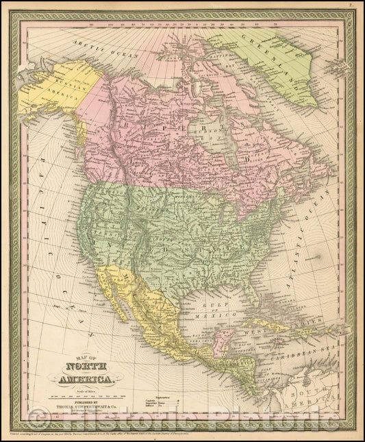 Historic Map - Map of North America, 1851, Thomas, Cowperthwait & Co. - Vintage Wall Art