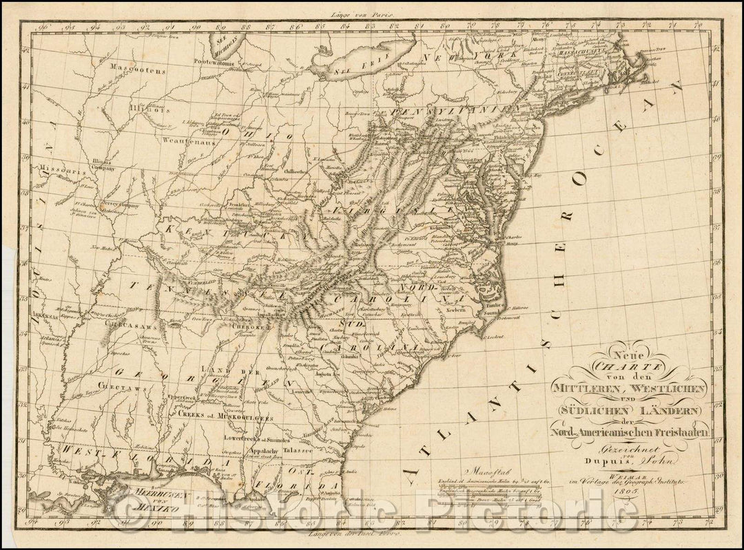 Historic Map - Neue Charte von den Mittleren Westlichen und Sudlichen Landern/German Map of the United States, 19th Century, 1805 - Vintage Wall Art