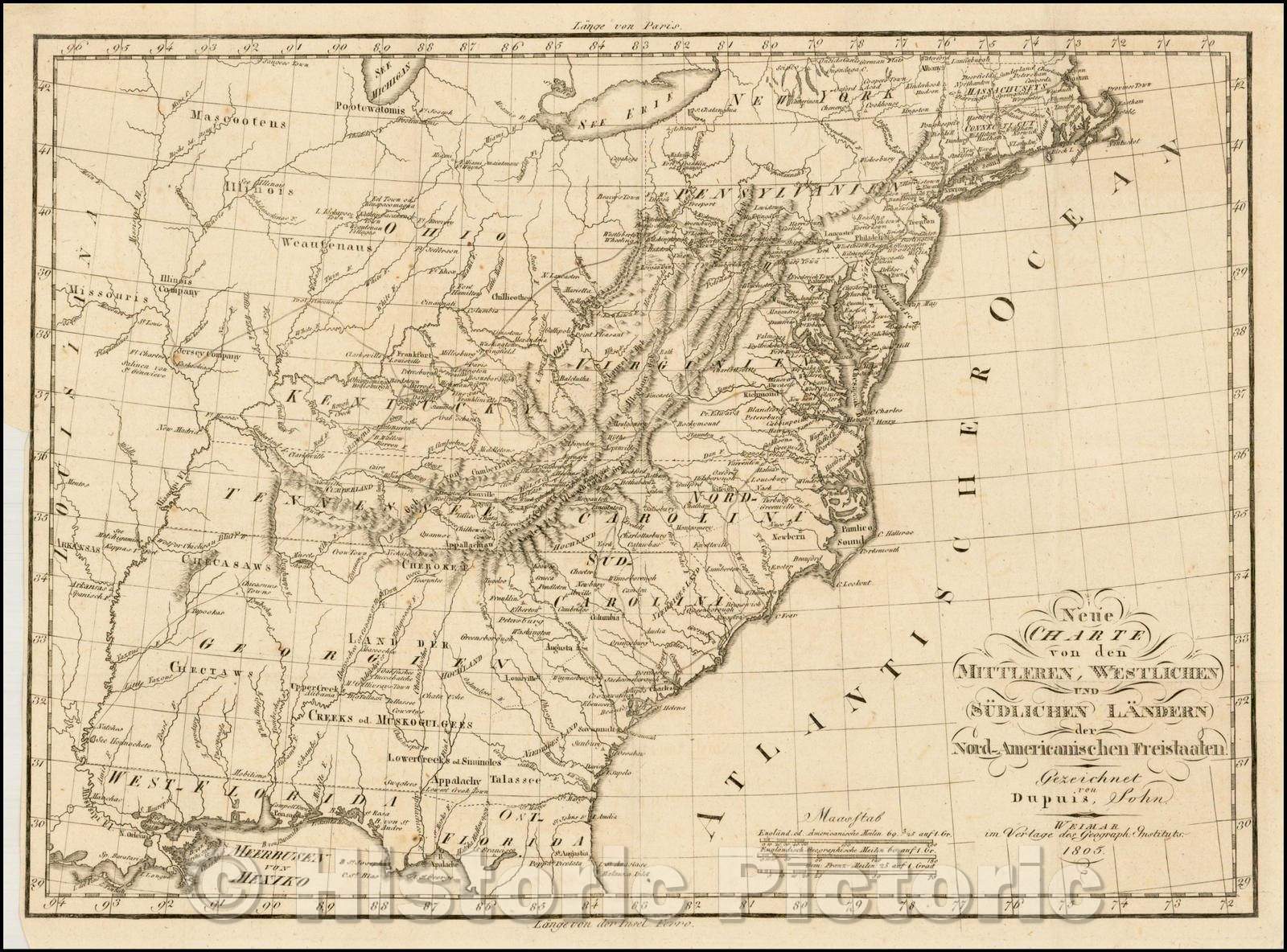 Historic Map - Neue Charte von den Mittleren Westlichen und Sudlichen Landern/German Map of the United States, 19th Century, 1805 - Vintage Wall Art