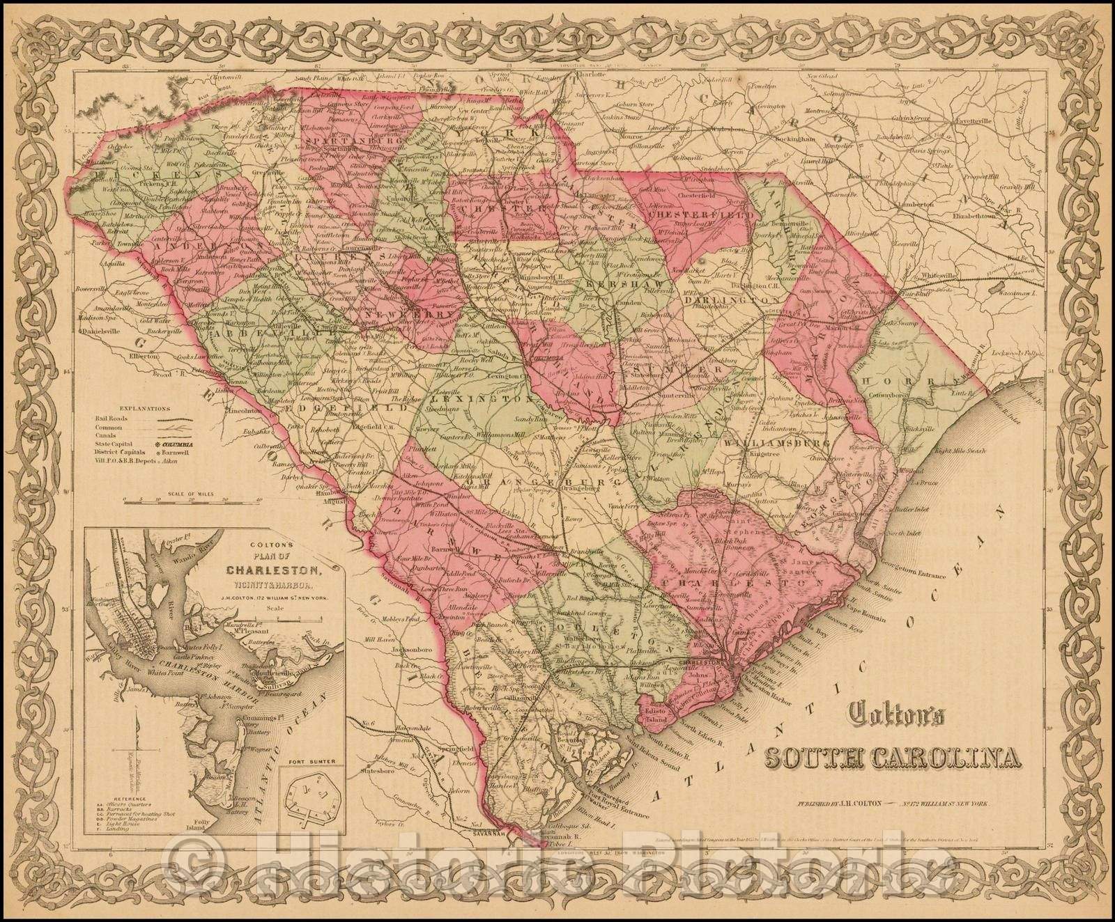 Historic Map - Colton's South Carolina [Charleston Inset], 1858, Joseph Hutchins Colton - Vintage Wall Art