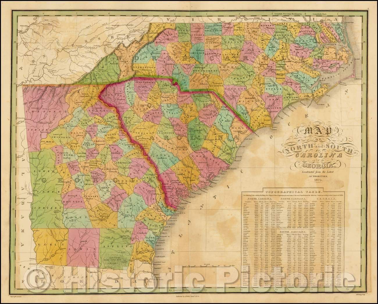 Historic Map - Map of North and South Carolina and Georgia Constructed from the Latest Authorities, 1825, Anthony Finley - Vintage Wall Art