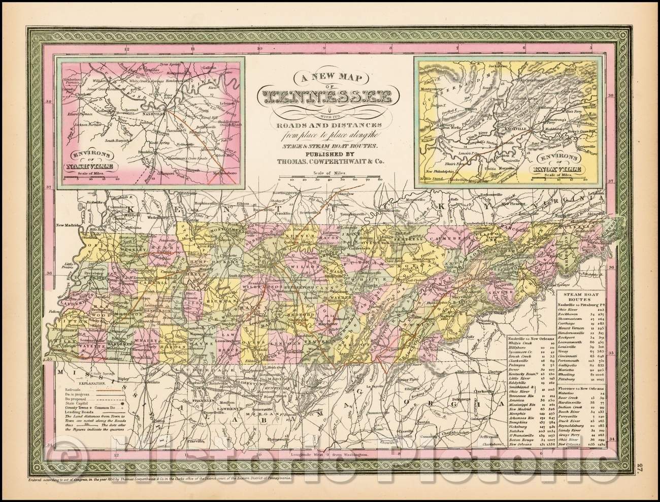 Historic Map - Tennessee with its Roads & Distances from palce to place along the Stage & Steamboat Routes, 1850, Thomas, Cowperthwait & Co. v2