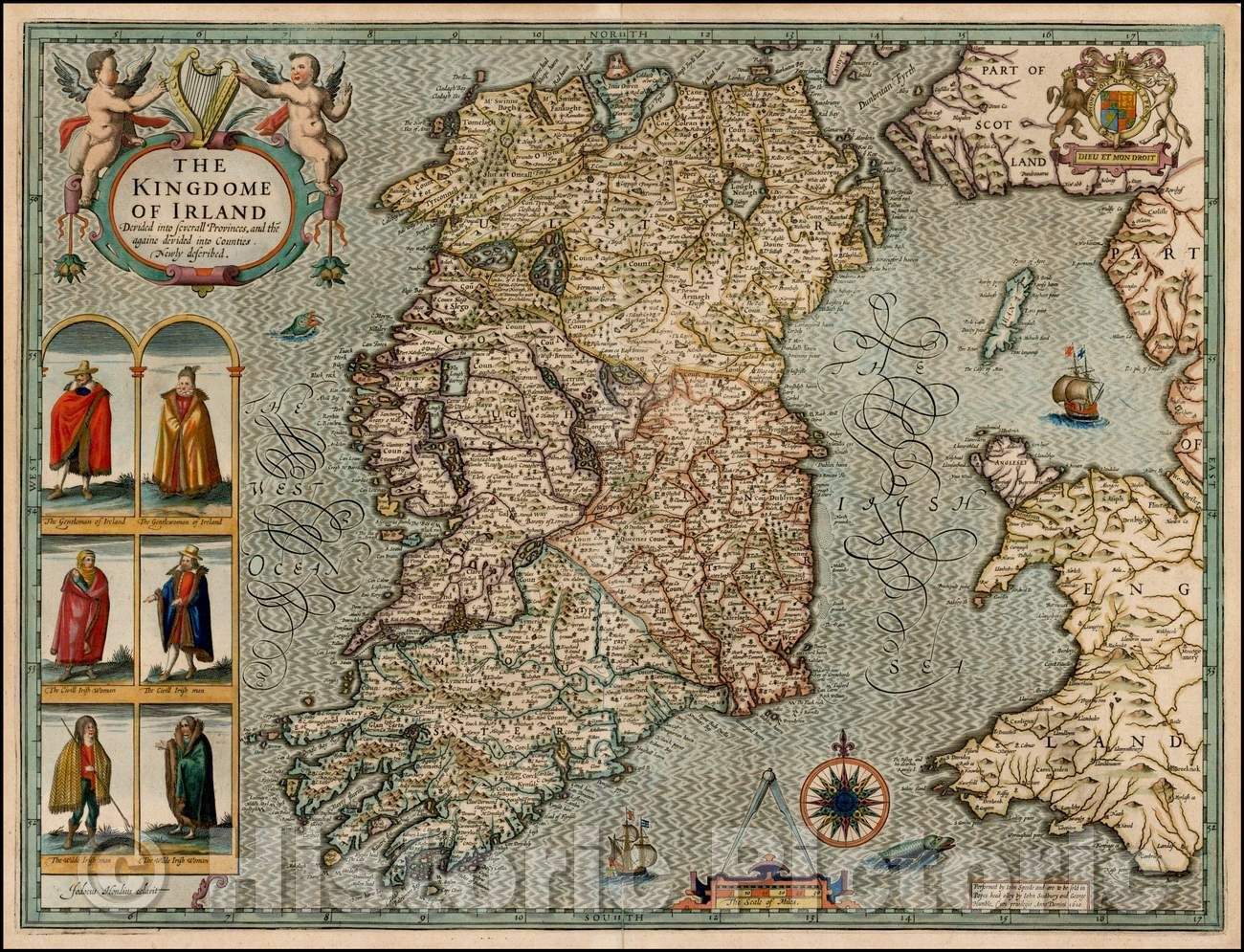 Historic Map - The Kingdome of Irland Devided into severall Provinces and the againe devided into Counties Newly described, 1610, John Speed - Vintage Wall Art