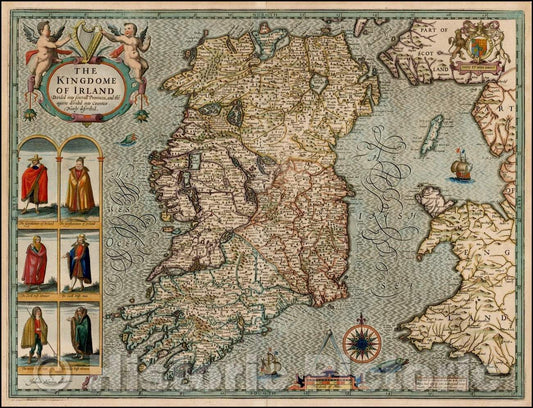 Historic Map - The Kingdome of Irland Devided into severall Provinces and the againe devided into Counties Newly described, 1610, John Speed - Vintage Wall Art