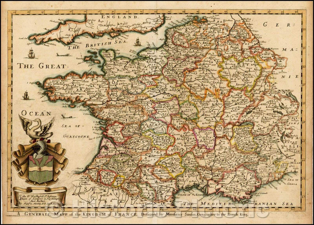 Historic Map - A Generall Mapp of the Kingdom of France. Designed, 1670, Richard Blome - Vintage Wall Art