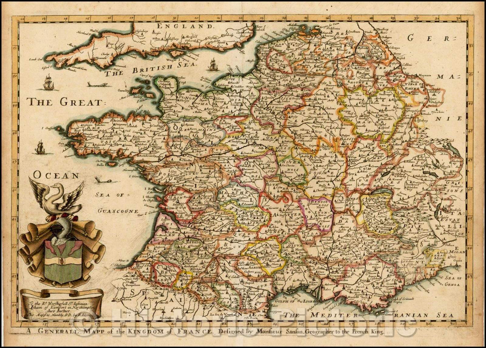 Historic Map - A Generall Mapp of the Kingdom of France. Designed, 1670, Richard Blome - Vintage Wall Art