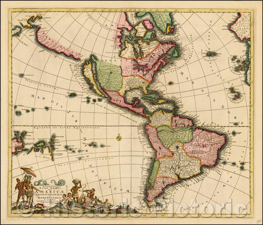 Historic Map - Recentissima Novi Orbis Sive Americae Septentrionalis et Meridionalis Tabula, 1696, Justus Danckerts - Vintage Wall Art