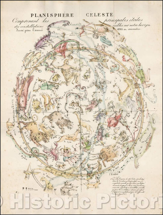 Historic Map - Planisphere Celeste Comprenant les Principales Etoiles des Constellations Visibles sur Notre Horizon/Map of the Northern Sky, 1820, Anonymous - Vintage Wall Art
