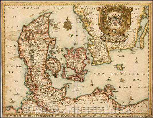 Historic Map - A Mapp of the Kingdome of Dennmarke With Its Severall Dioceses or Provinces, 1670, Richard Blome - Vintage Wall Art