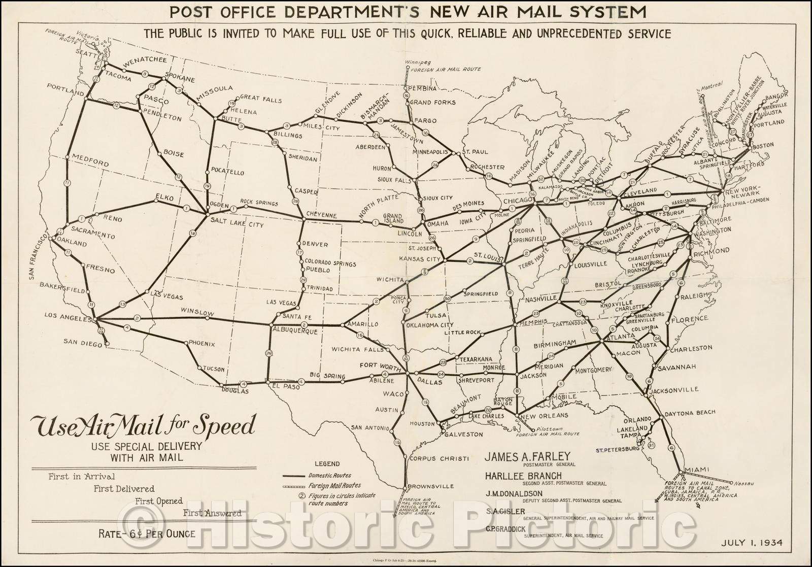 Historic Map - Post Office Department's New Air Mail System: The Public is Invited to Make Full Use of this Quick, Reliable and Unprecedented Service, 1934, - Vintage Wall Art