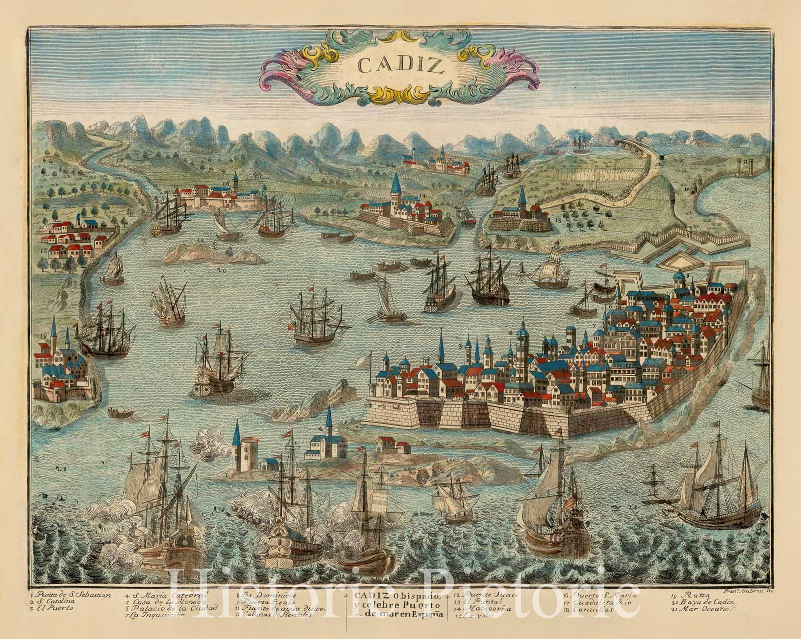 Historic Map - Cadiz Obispado y celebre Puerto de mar en Espa?/Cadiz Bishopric and celebrate Sea port in Spain, 1680, Franceso Ambrosi - Vintage Wall Art