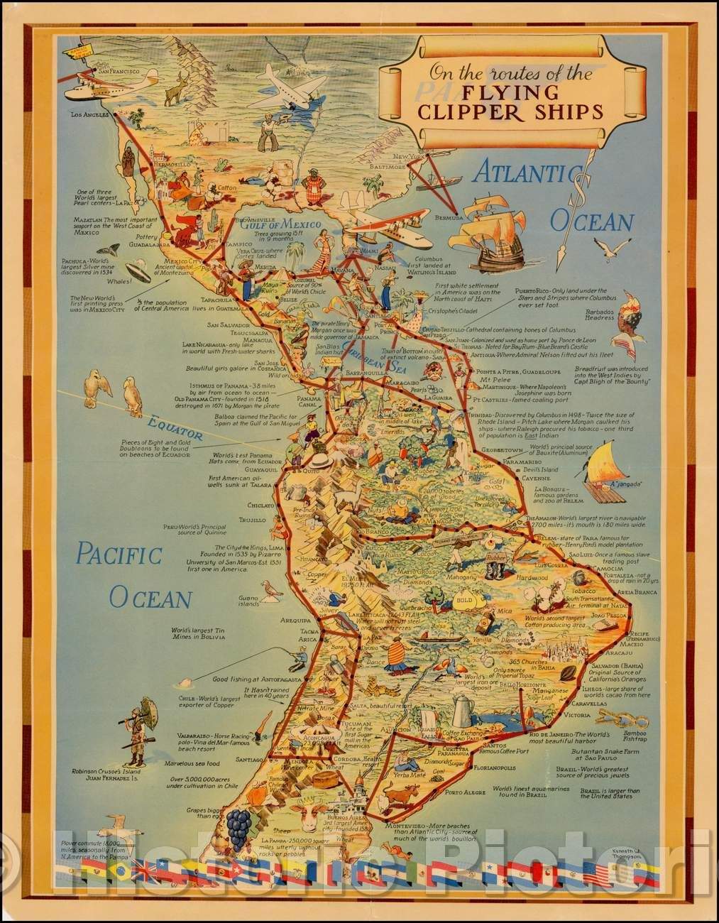 Historic Map - On the routes of the Flying Clippers, 1940, Kenneth W. Thompson - Vintage Wall Art