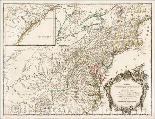 Historic Map - Northern part of America/Le Cours De L'Ohio, La N.lle Angleterre, a Nlle York, le New Jersey, La Pensyvanie, Le Maryland, Le Virginie, 1755 v2