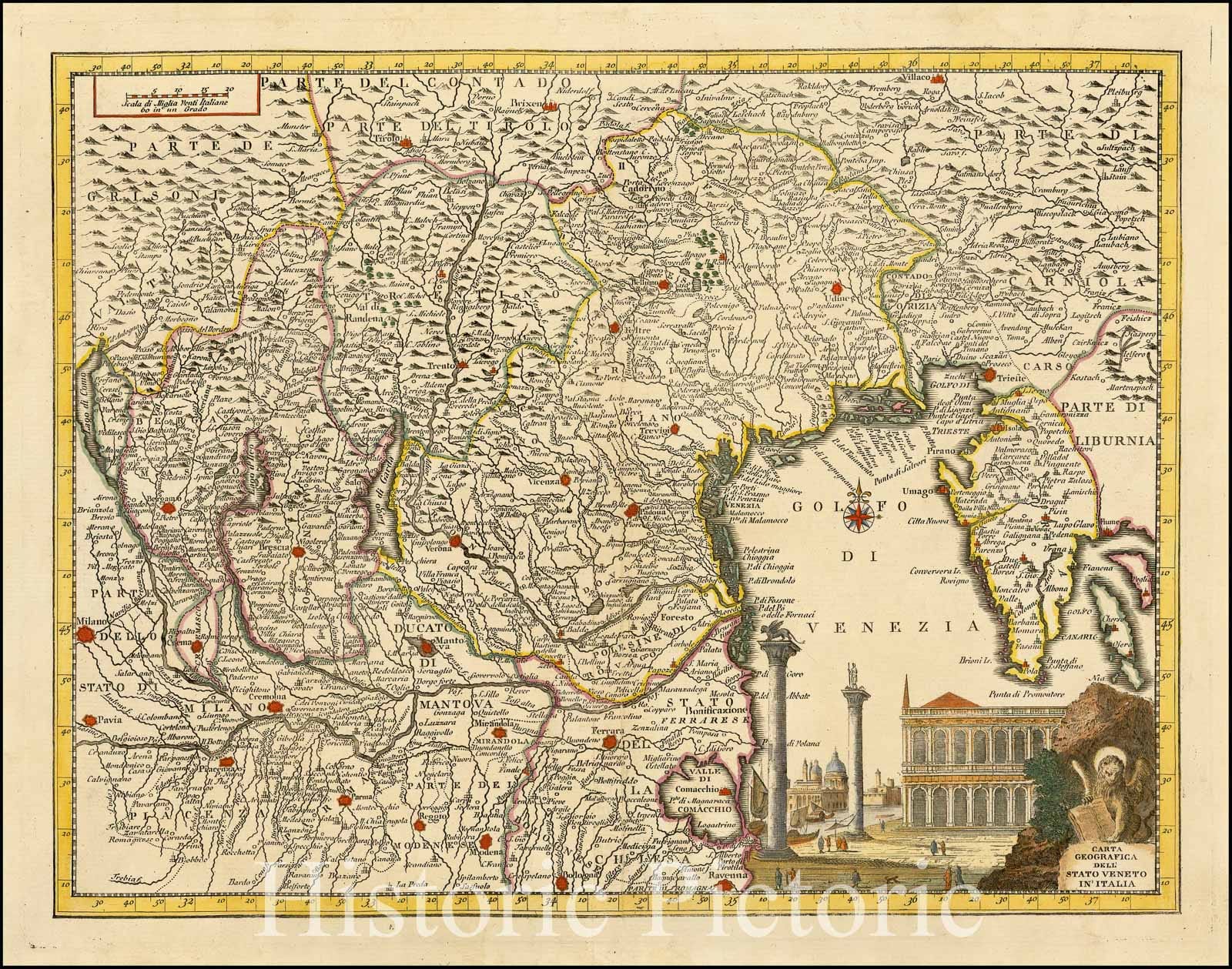 Historic Map - Carta Geografica Della Stato Veneto in Italia/Map of the State of Veneto, Venice, Padova, Verona, Udine, Vicenza and the Gulf of Venice, 1740 - Vintage Wall Art