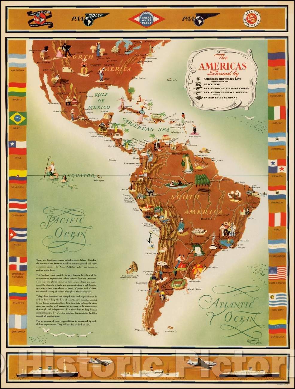 Historic Map - The Americas Served, 1948, Kenneth W. Thompson - Vintage Wall Art
