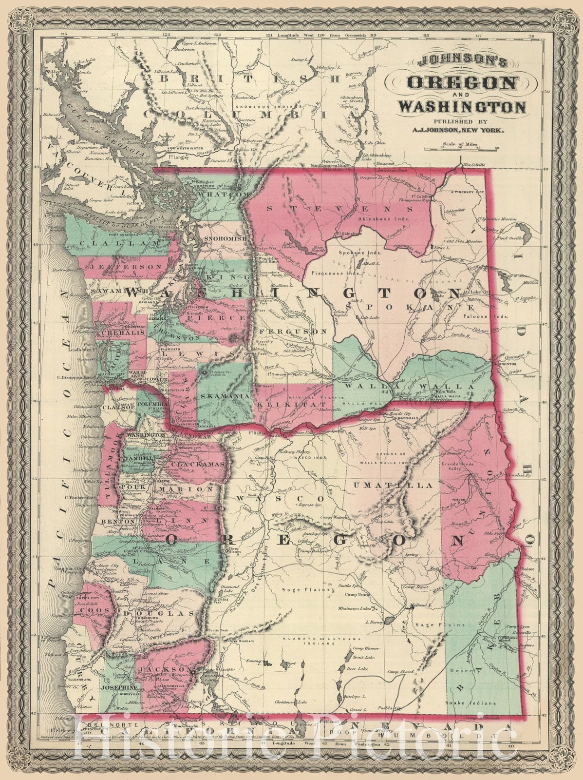Historic Map - Johnson's Oregon and Washington, 1870, Alvin Jewett Johnson - Vintage Wall Art