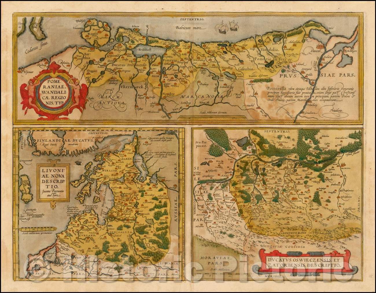 Historic Map - Pomeraniae, Wandalicae Regionis Typ with Livoniae Nova Descriptio with Ducatus Oswieczensis, et Zatoriensis, Descriptio, 1584, Abraham Ortelius - Vintage Wall Art