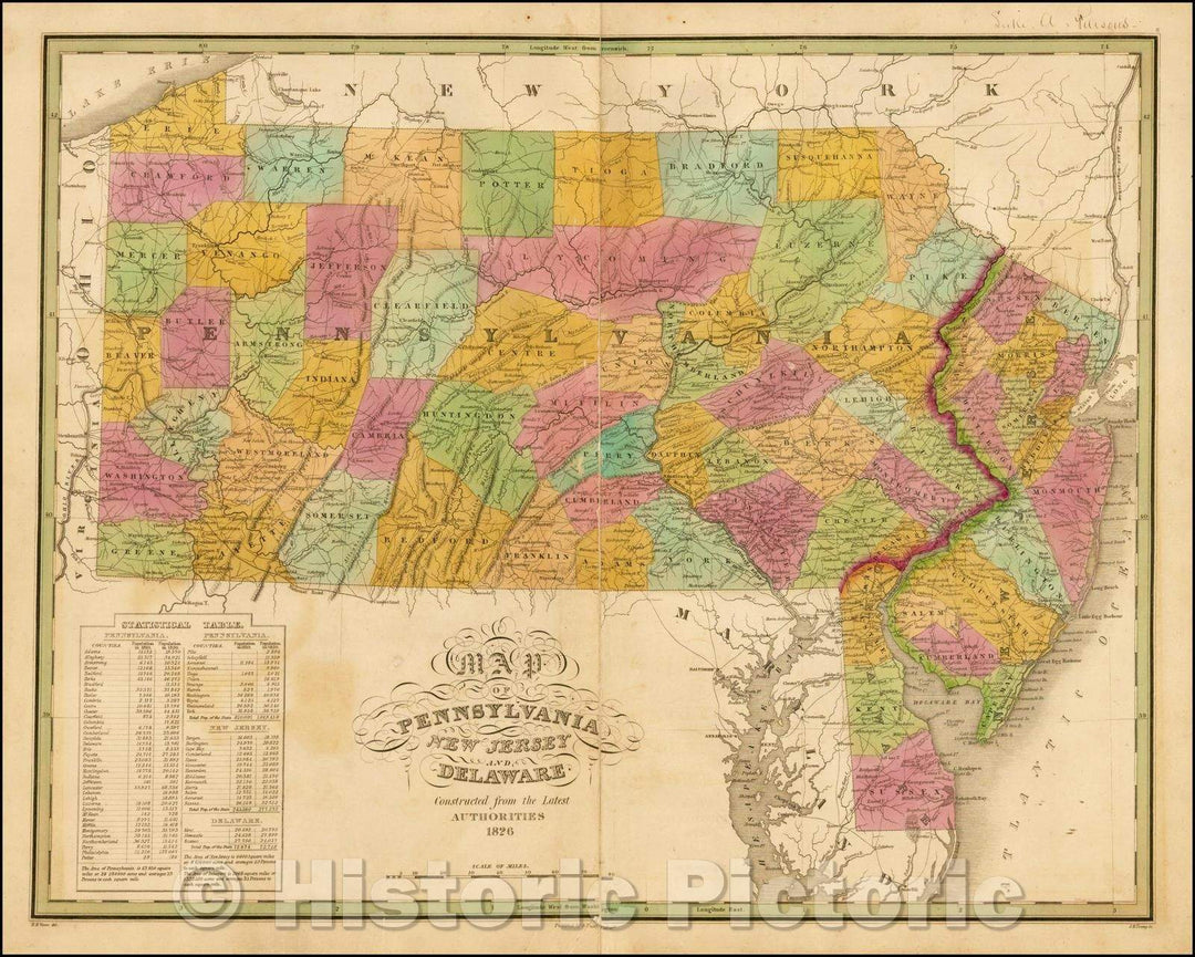 Historic Map - Map of Pennsylvania, New Jersey & Delaware Constructed from the Latest Authorities, 1826, Anthony Finley - Vintage Wall Art