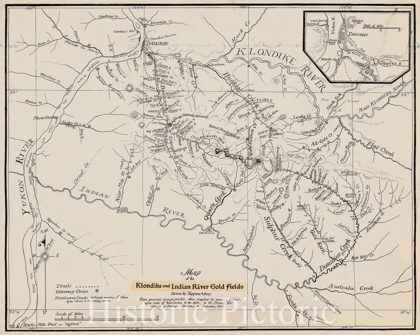 Historic Map - Map of the Klondike and Indian River Gold fields, 1898, Tappan Adney - Vintage Wall Art