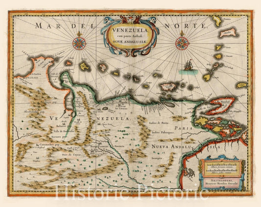 Historic Map - Venezuela cum parte Australi Novae Andalusiae/Hondius' Map of Venezuela and the Northeastern part of South America, 1636, Henricus Hondius - Vintage Wall Art