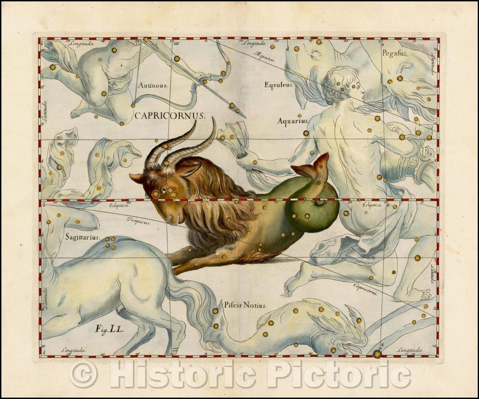 Historic Map - Capricornus (Stars heightened in gold), 1687, Johannes Hevelius - Vintage Wall Art
