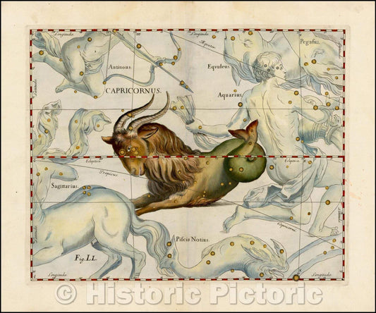 Historic Map - Capricornus (Stars heightened in gold), 1687, Johannes Hevelius - Vintage Wall Art