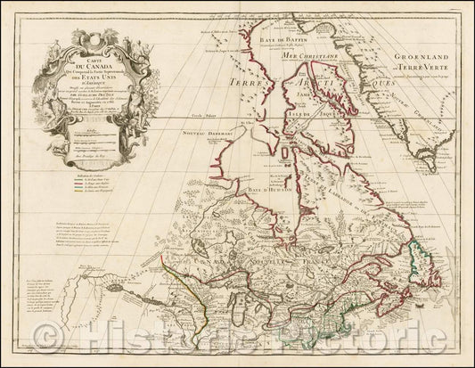 Historic Map - Carte Du Canada Qui Comprend la Partie Septentrionale Des Etats Unis D'Ame :: Of Canada Which Includes Part Of North America In the USA. 1783, 1783 - Vintage Wall Art
