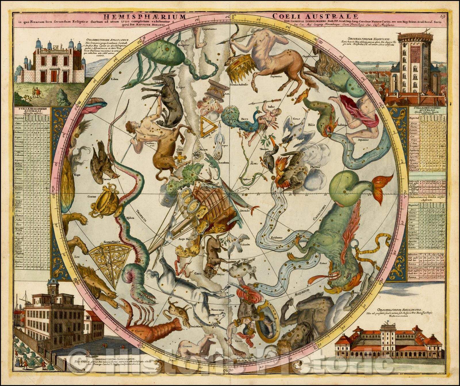 Historic Map - Hemisphaerium Coeli Australe in quo Fixarum loca secundum Eclipticae ductum, 1730, Johann Gabriele Doppelmayr v1
