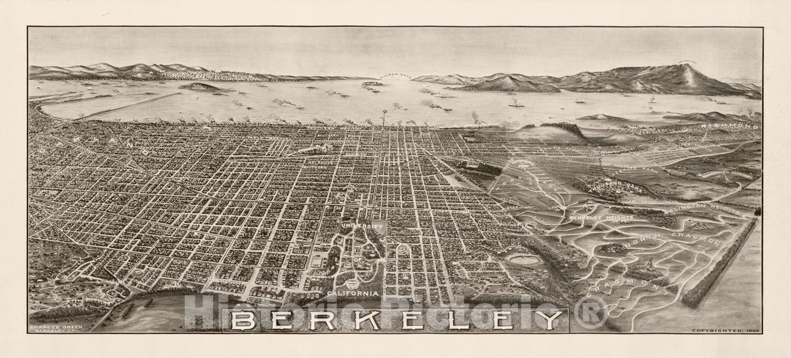 Historic Map - Berkeley, 1909, Charles Green - Vintage Wall Art