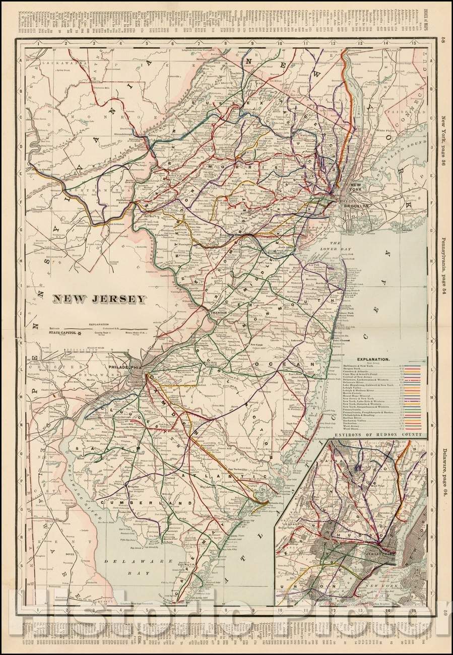 Historic Map - New Jersey, 1895, George F. Cram - Vintage Wall Art