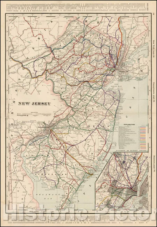 Historic Map - New Jersey, 1895, George F. Cram - Vintage Wall Art