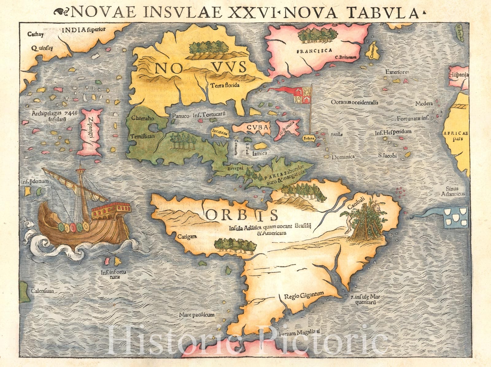Historic Map - Novae Insulae XXVI Nova Tabula [Rare 2nd State of first of the contin :: 26 New Island and Nova [Rare 2nd State of first of the continent of Ame, 1544 - Vintage Wall Art