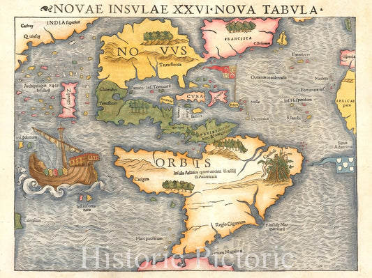 Historic Map - Novae Insulae XXVI Nova Tabula [Rare 2nd State of first of the contin :: 26 New Island and Nova [Rare 2nd State of first of the continent of Ame, 1544 - Vintage Wall Art