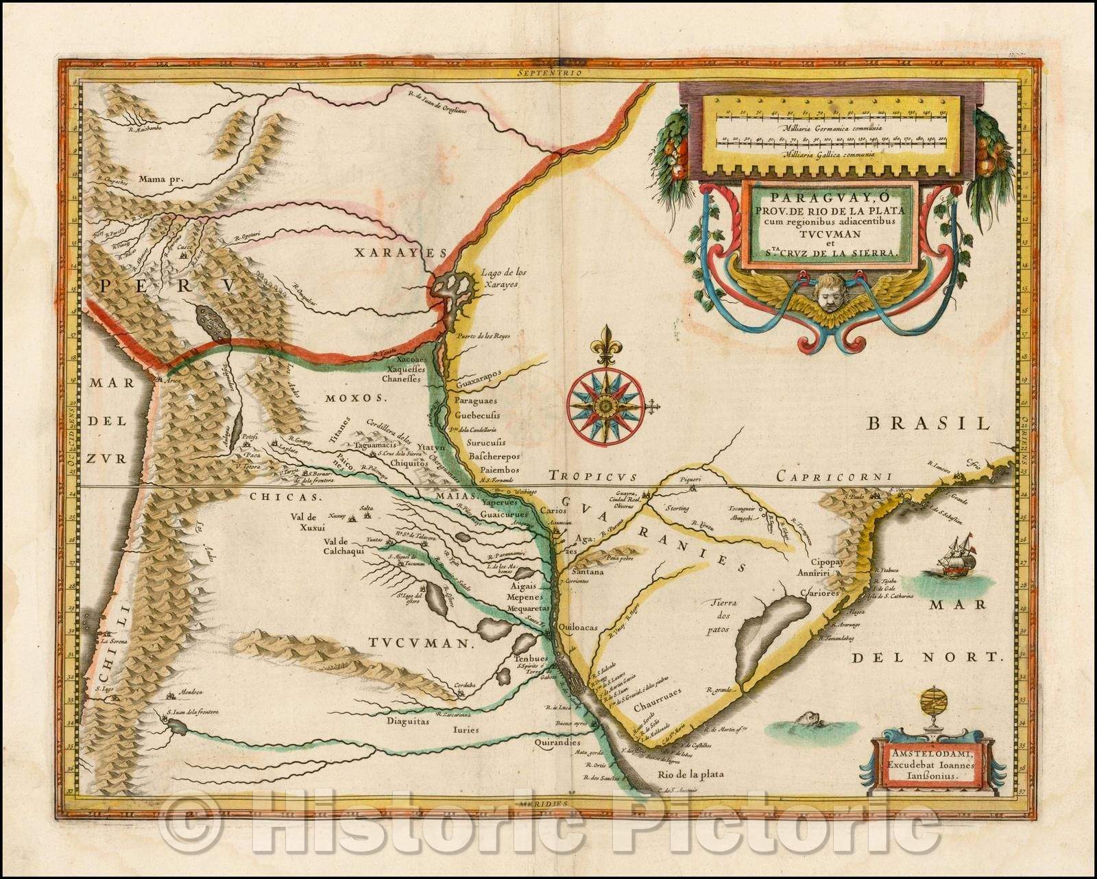 Historic Map - Paraguay o Prov. De Rio De La Plata cum Regionibus adiacentibus Tucuman/Jansson's Map of the Rio de La Plata Region, 1635, Jodocus Hondius - Vintage Wall Art