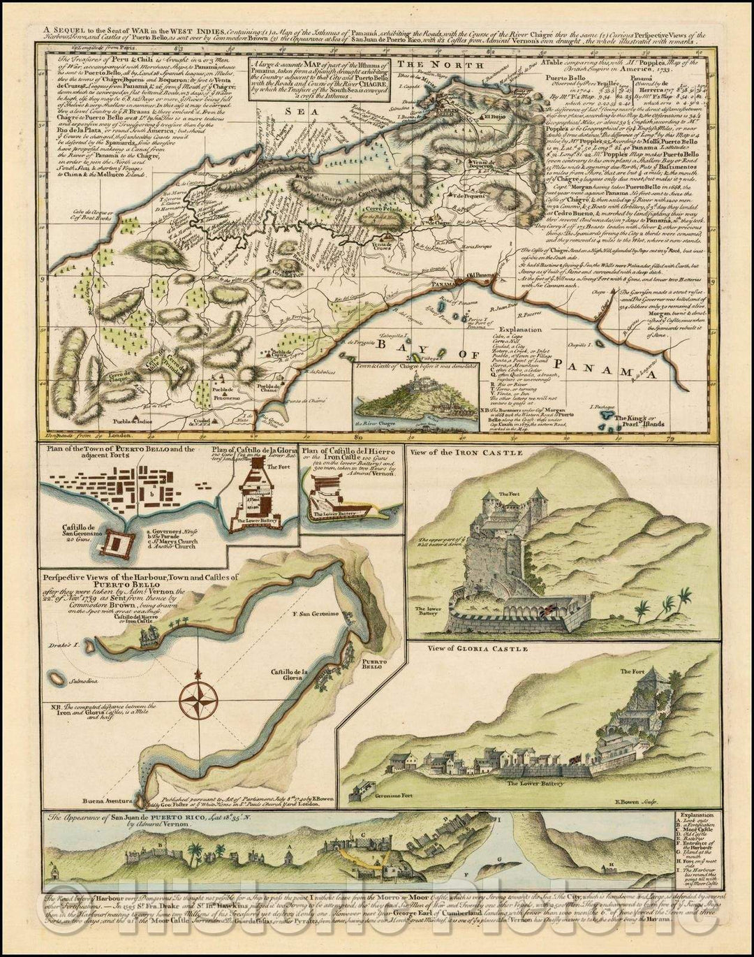 Historic Map - Panama - Battle of Portobello and the War of Jenkins' Ear A Sequel of the Seat of War in the West Indies.from Admiral Vernon's own draught, the wh, 1740 - Vintage Wall Art