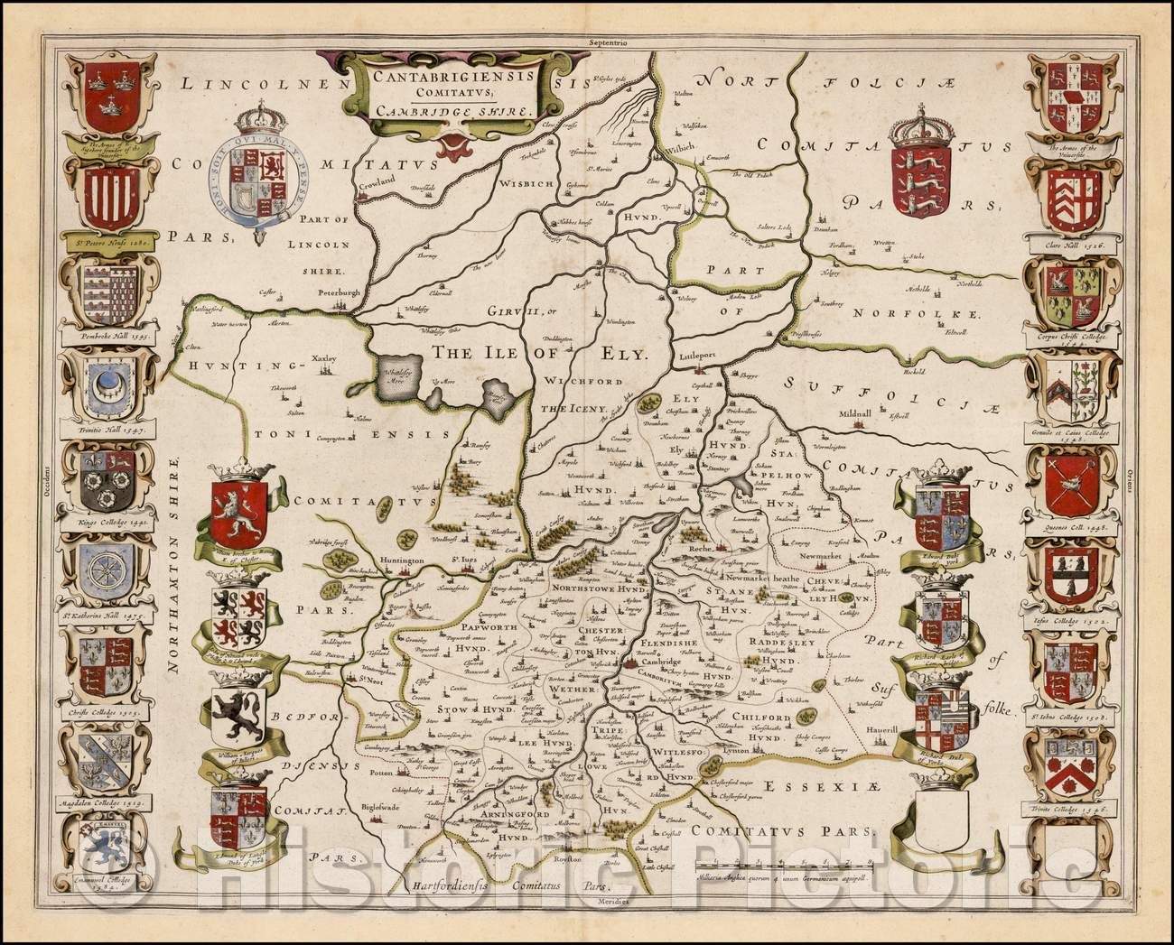 Historic Map - Cantabrigiensis Comitatus - Cambridge/of Blaeu's Map of Cambridge Shire, embellished with local coats of arms, 1662, Johannes Blaeu - Vintage Wall Art
