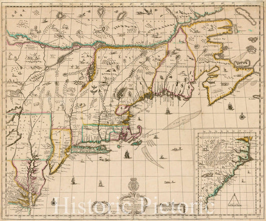 Historic Map - A Map of ye English Empire in ye Continent of America Vis Virginia New York Maryland New Iarsey Carolina New England Pennsilvania, 1685 - Vintage Wall Art