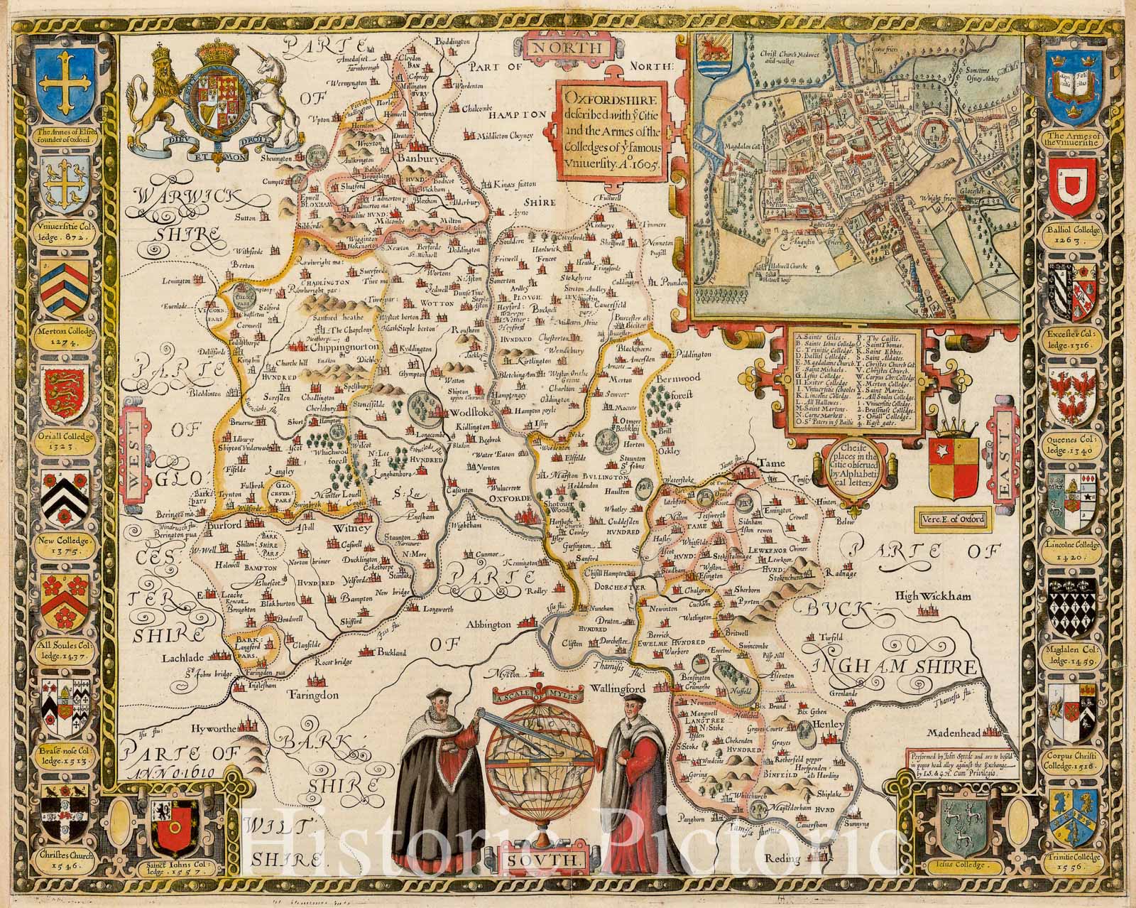 Historic Map - Oxfordshire described with ye Citie and the Armes of the Colledges of ye famous University ao. 1605, 1611, John Speed v3