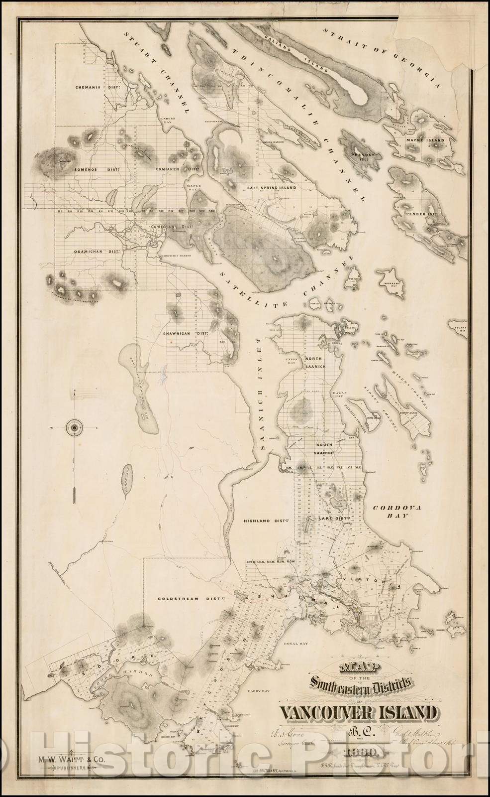 Historic Map - Map of the South-eastern Districts of Vancouver Island, B.C, 1880, M.W. Waitt & Co. - Vintage Wall Art