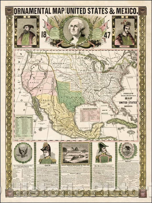 Historic Map - Ornamental Map of the United States & Mexico, 1847, Humphrey Phelps v1