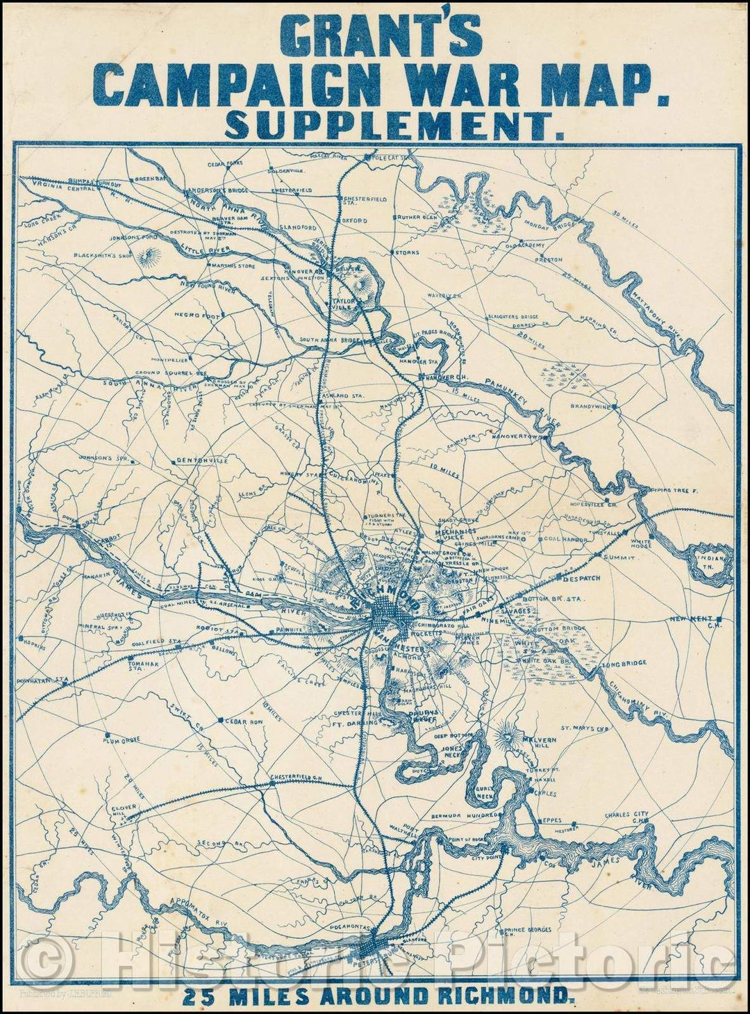Historic Map - Grant's Campaign War Map. Supplement. 25 Miles Around Richmond, 1864, J.H. Bufford - Vintage Wall Art