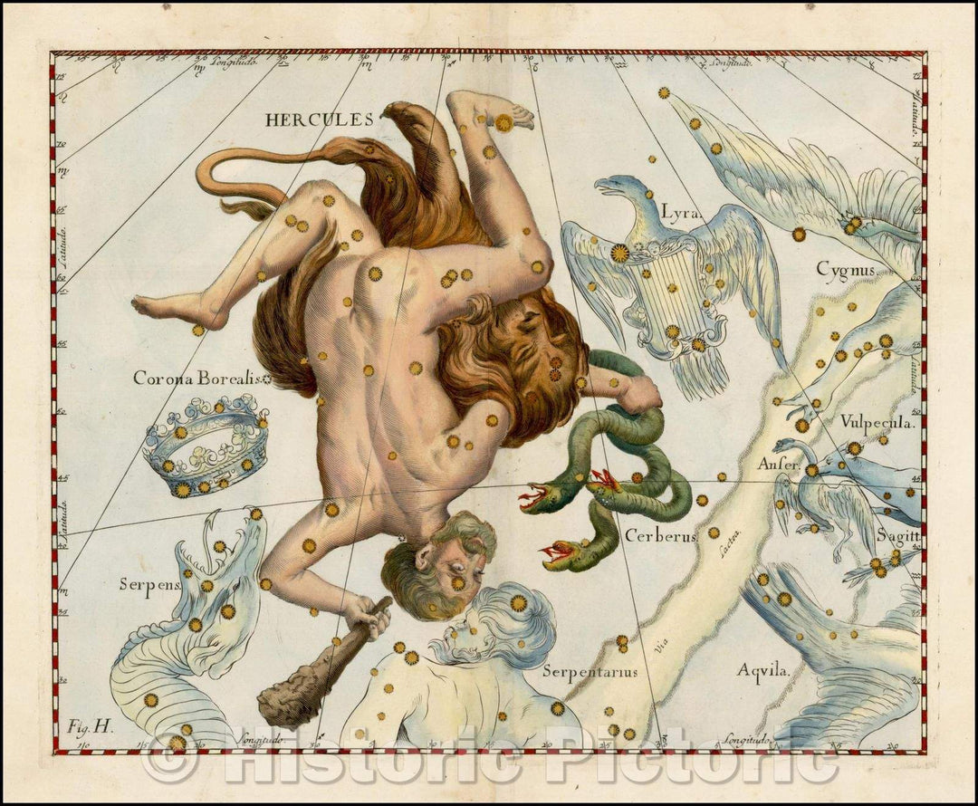 Historic Map - Hercules (Stars heightened in gold), 1687, Johannes Hevelius - Vintage Wall Art