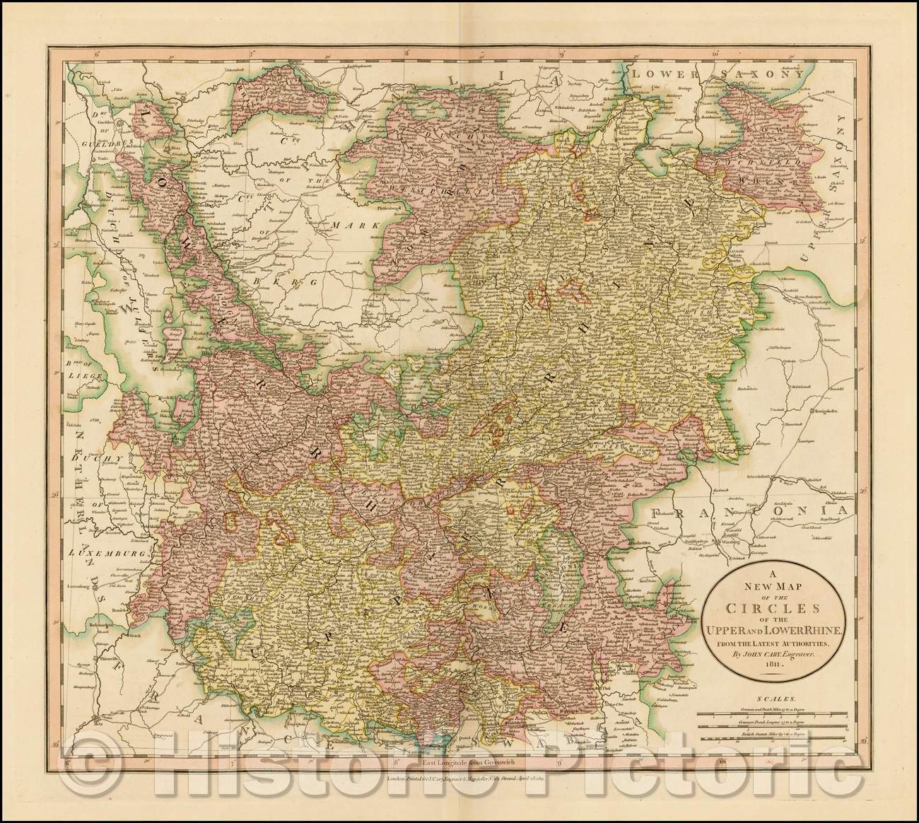 Historic Map - The Circles of The Upper and Lower Rhine, 1811, John Cary - Vintage Wall Art