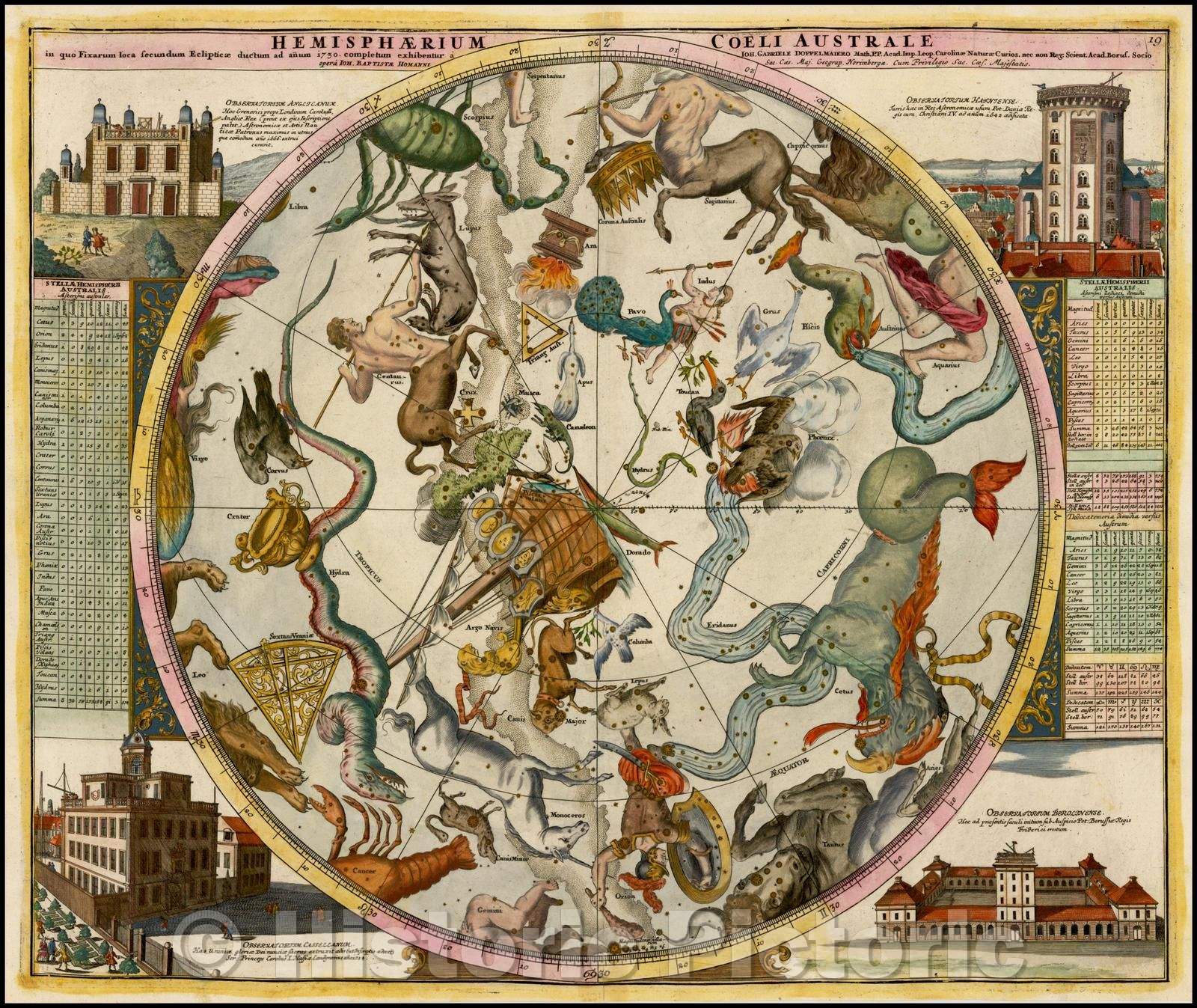 Historic Map - Hemisphaerium Coeli Australe in quo Fixarum loca secundum Eclipticae ductum, 1730, Johann Gabriele Doppelmayr v2