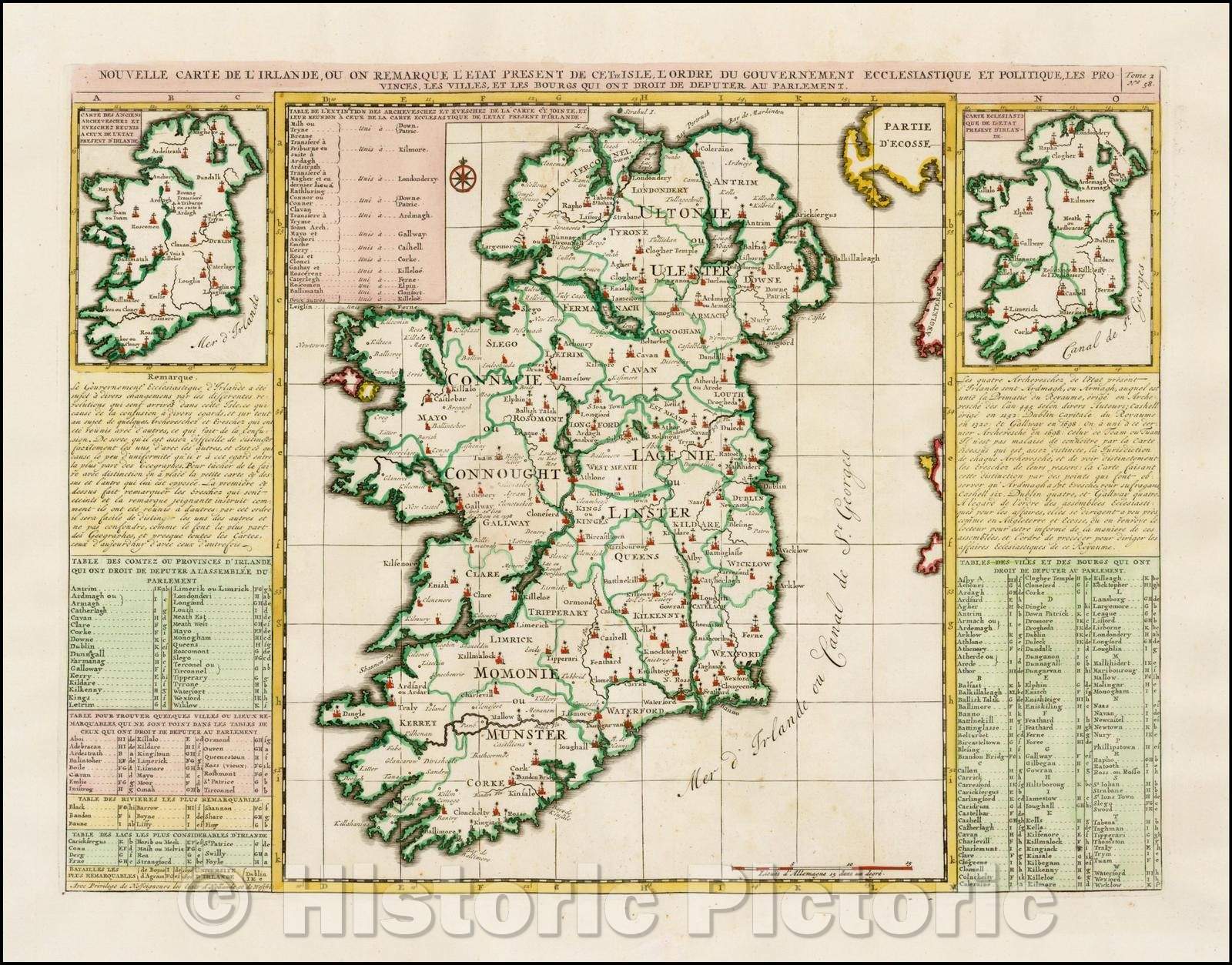Historic Map - Nouvelle Carte De L'Irlande, ou on Remarque l'Etate Present De Cette Isle, 1719, Henri Chatelain v2